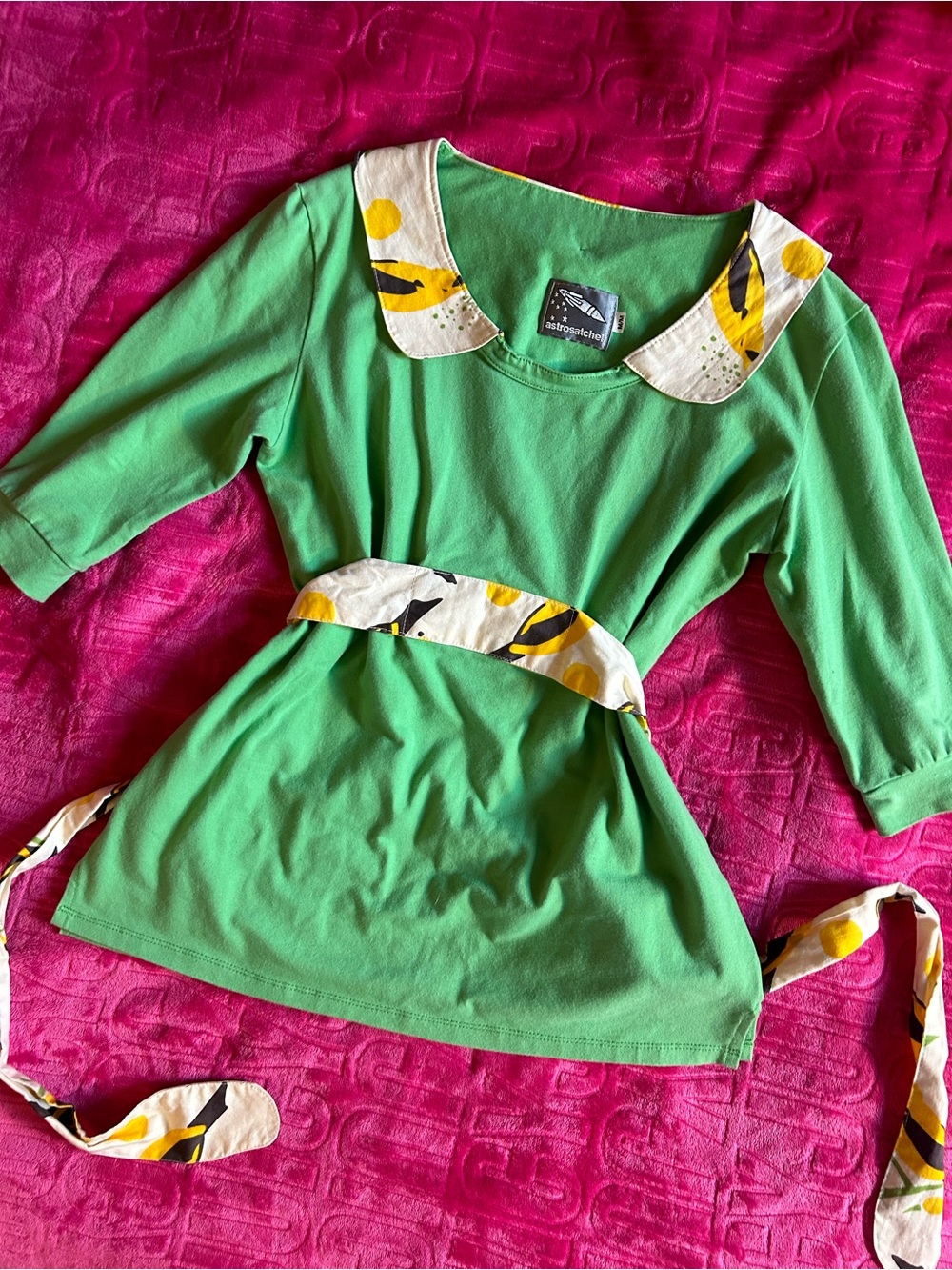 Small Designer “Astrosatchel” Bright Green Cotton Top with Patterned Ribbon Tie